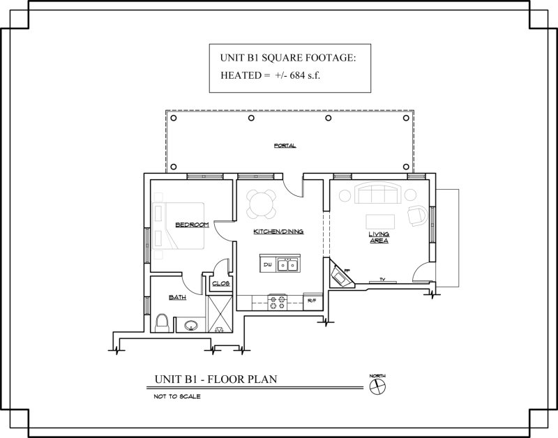 Floor Plan for Delgado B-1: Just one block from Canyon Road! 