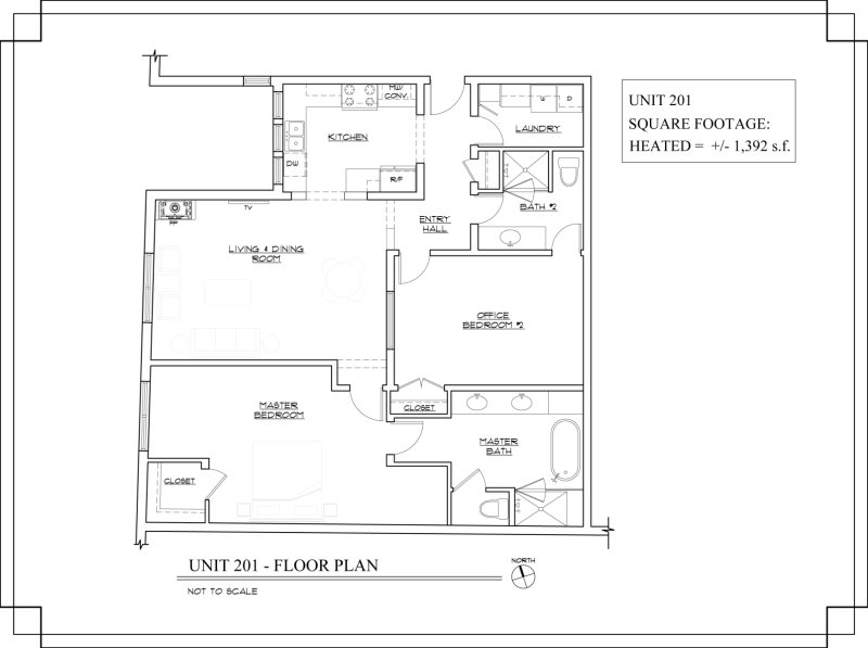 Floor Plan for The Lincoln 201, 2 Bed / 2, Bath Luxury Loft Style Condo