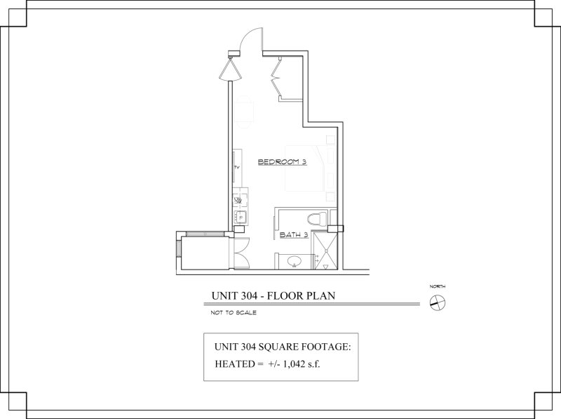 Floor Plan for The Lincoln 304, 1 Bed / 1 Bath, Studio with Kitchenette 