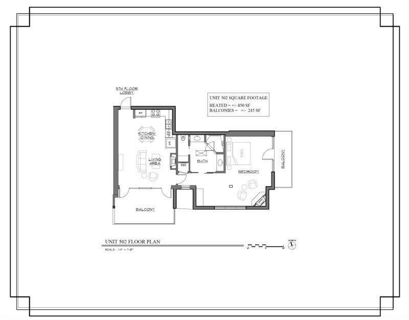Floor Plan for The Lincoln 502, 1 Bed / 1 Bath, Luxury Loft Style Condo